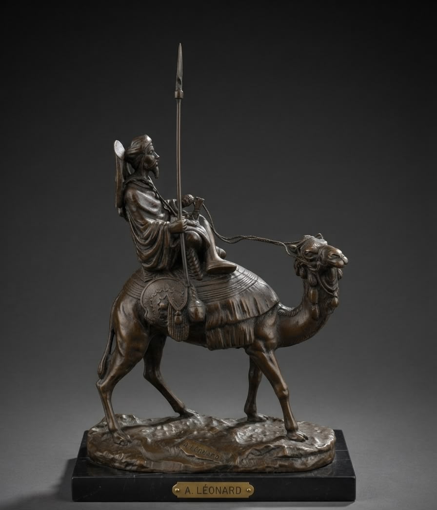 Bronze sculpture statue of dromedary and rider on camel.